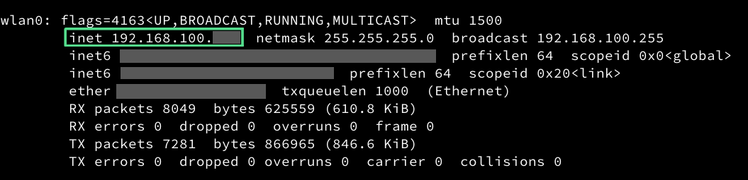 Salida del programa ifconfig, resaltando la sección del adaptador inalámbrico