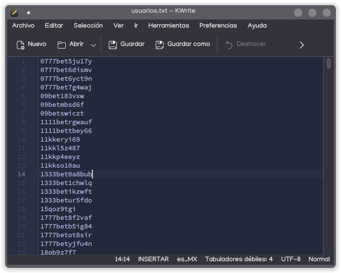 Screenshot of KWrite, showing a text file with several lines with random characters